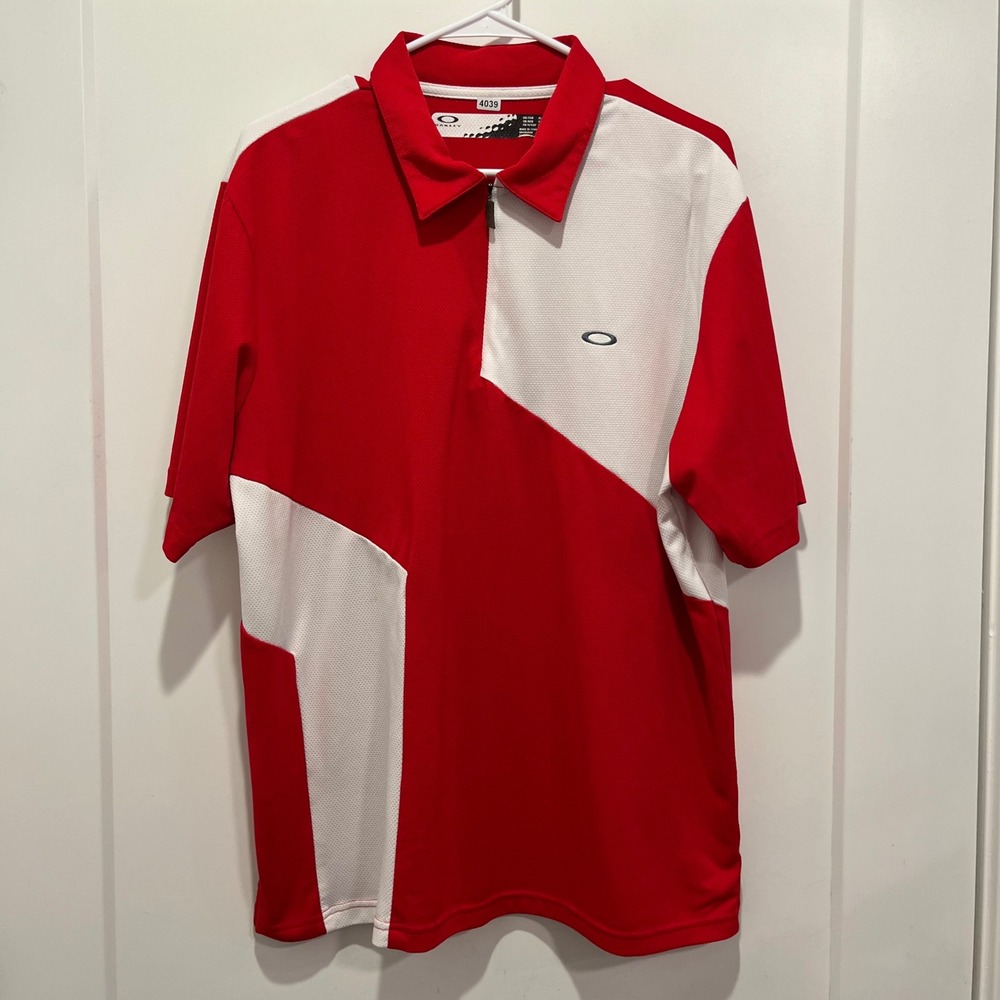 Oakley Mens XL Red White Colorblock Quarter Zip Polo Shirt Short Sleeve 96548